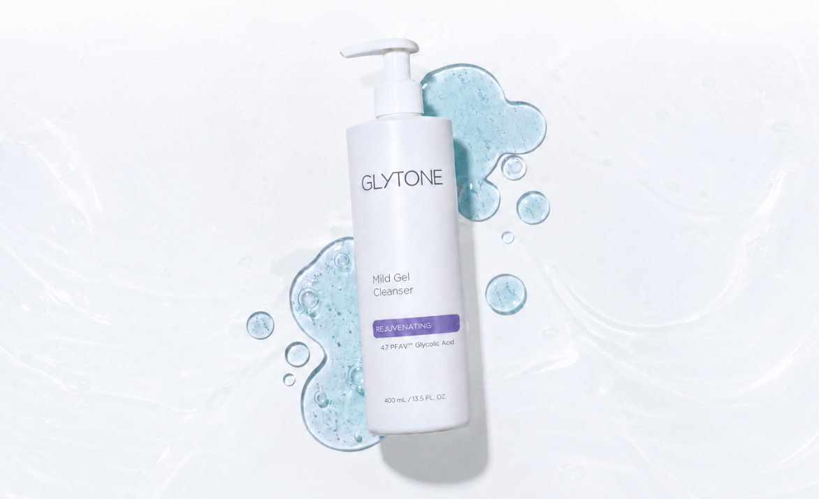 Glytone skin care product with blue gel on a white background